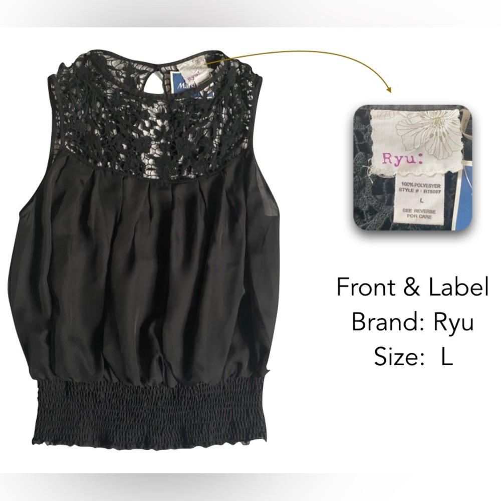 NWT Ryu Black Slip Blouse with Crocheted Top & Ruched Waist; Size: L